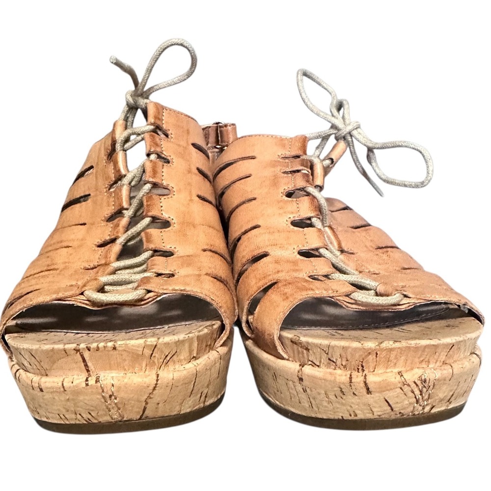 Abeo Slingback Wedge Sandals Women 8 Tan Leather Lace Up Cork Platform - Picture 6 of 9